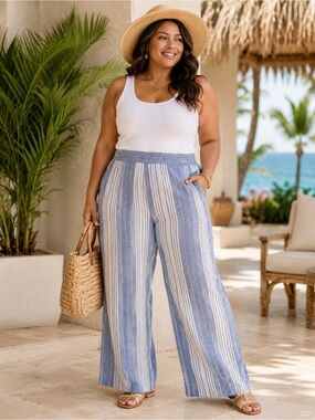 Old Navy High Rise Linen Blend Coastal Blue Stripe Wide Leg Palazzo Pants XXL